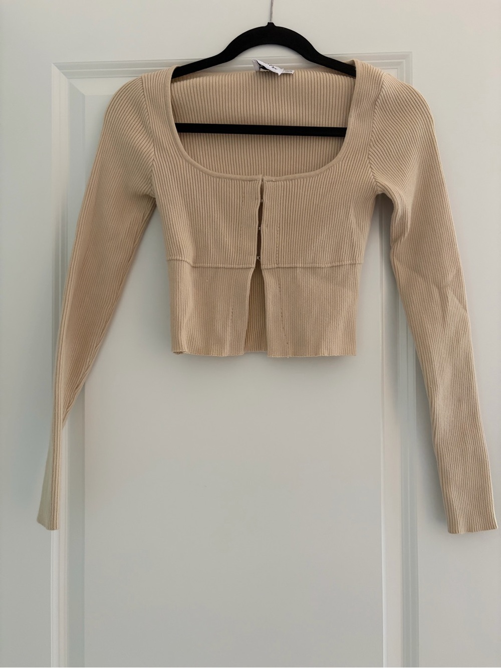 Princess Polly Ribbed Long Sleeve Scoop Neck Cropped Cardigan - Cream
